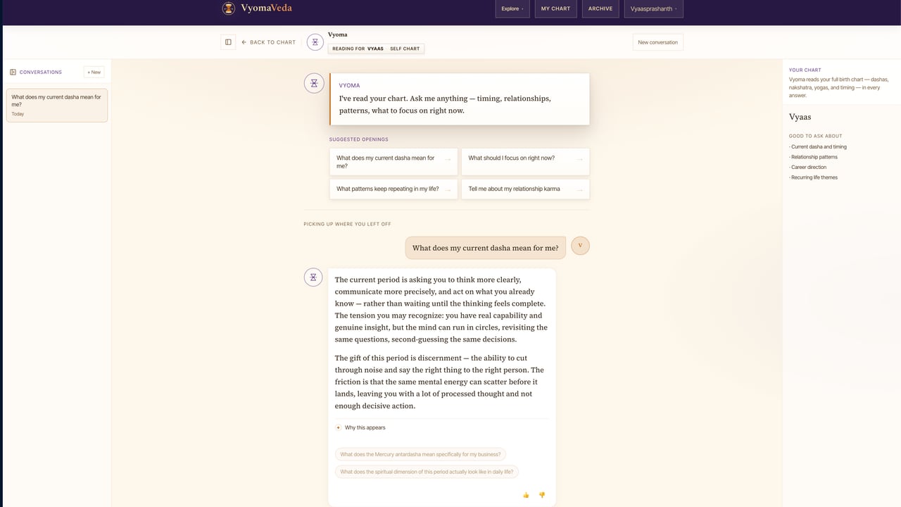 Vyoma Veda Astro answering a question about the current dasha in plain language, with a 'Why this appears' citation and chart-specific follow-up questions
