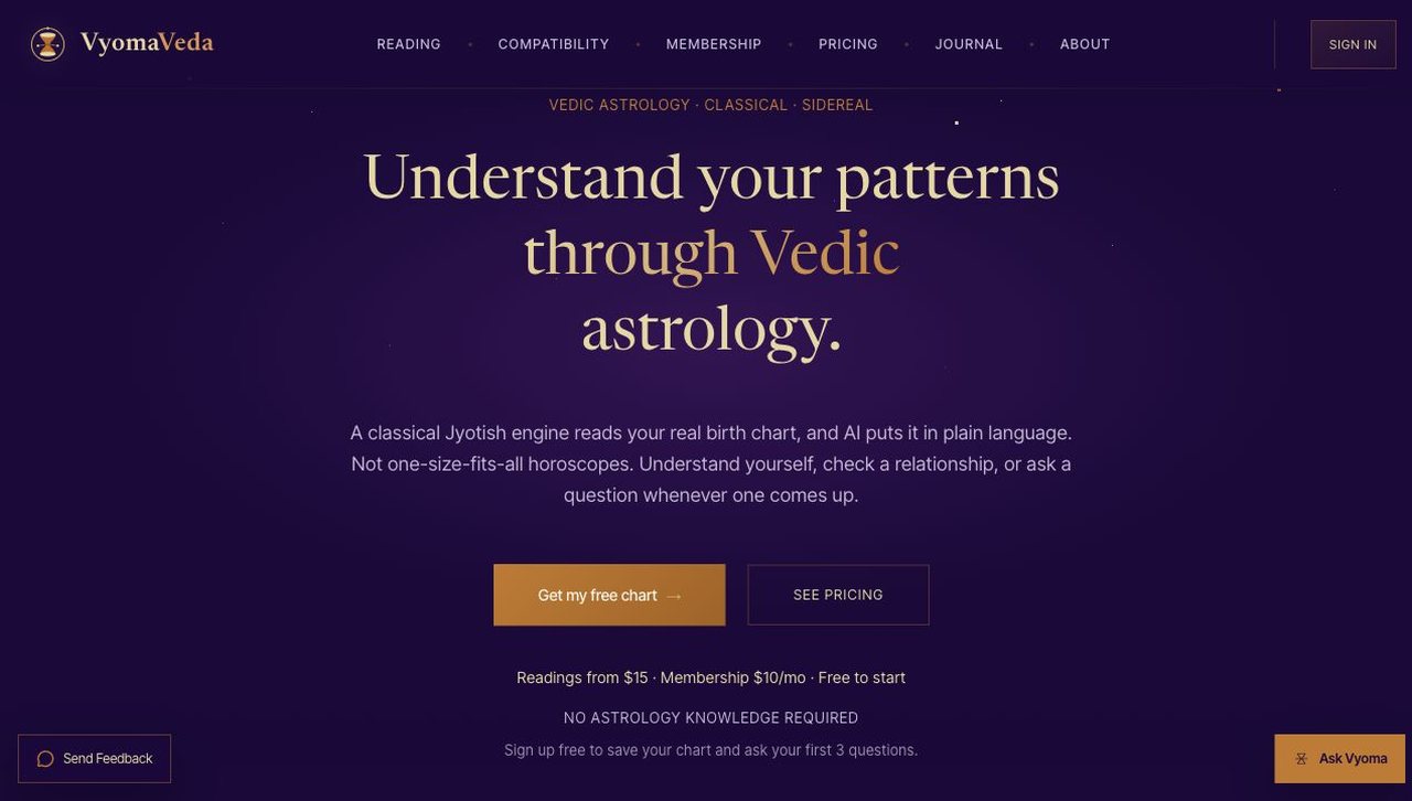 Vyoma Veda Astro homepage introducing personalized Vedic astrology readings